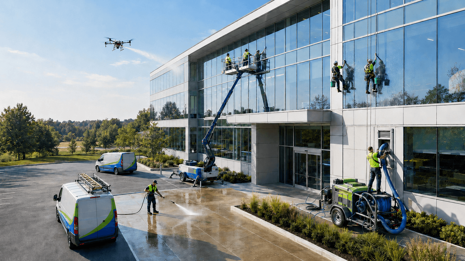 Commercial building exterior cleaning in progress