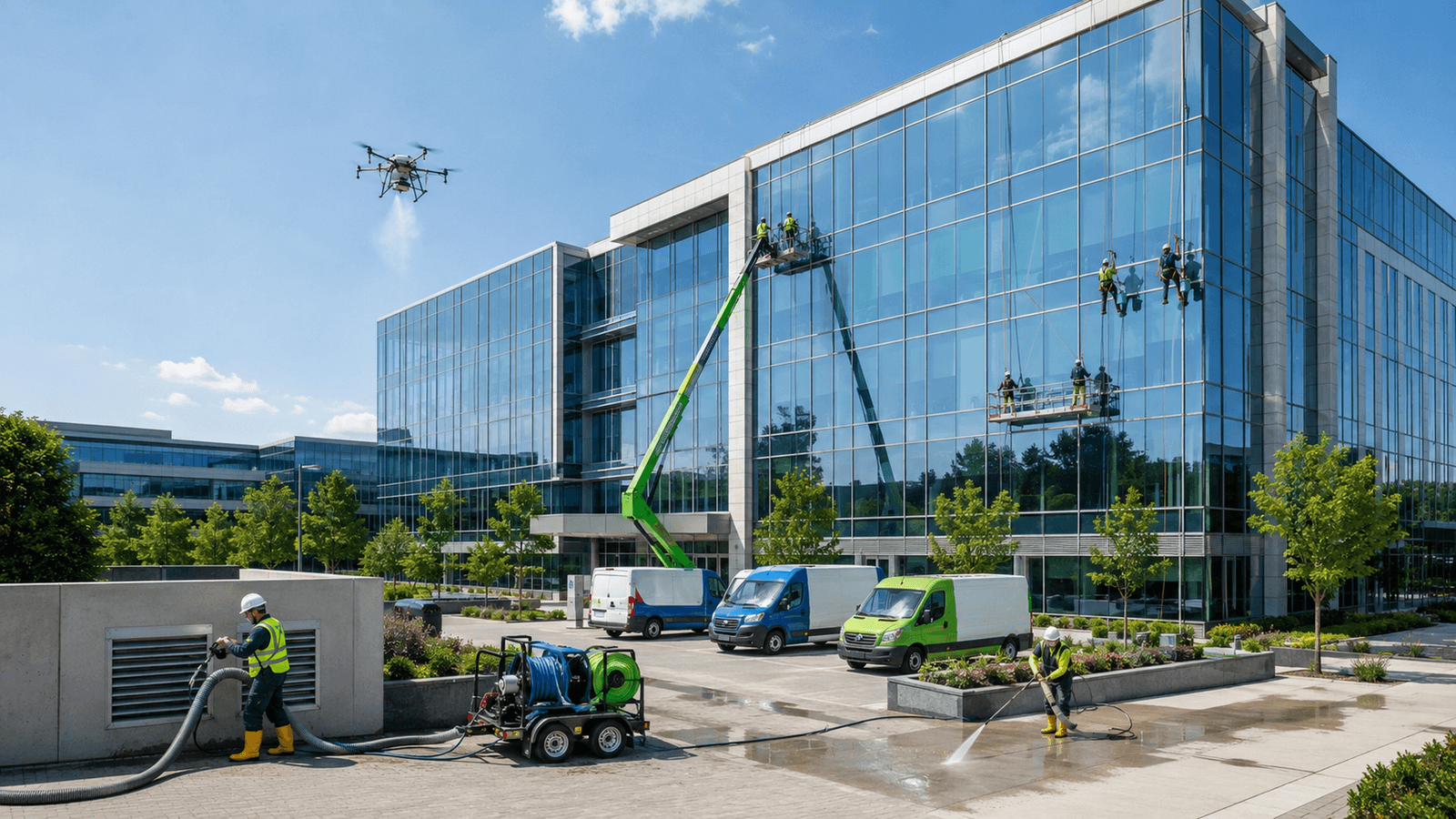 Commercial exterior cleaning at a modern office building